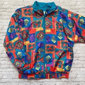 90s Sunterra Vibrant Multicolor Women's Aztec Print Windbreaker
